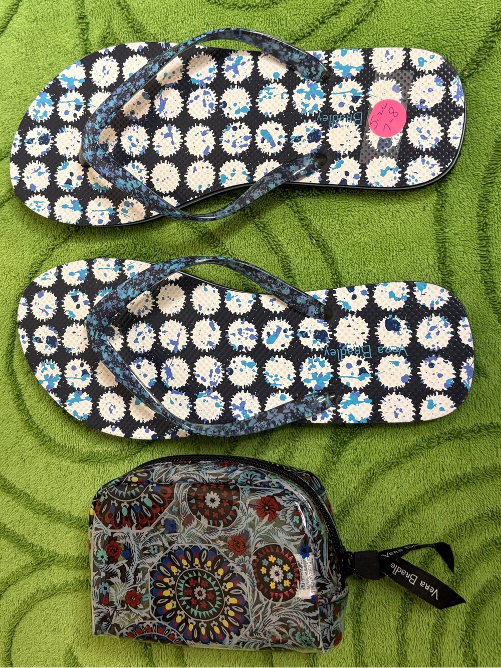 Vera Bradley Splash Dot flip flops ,Stained Glass Medallion clear mini  pouch.